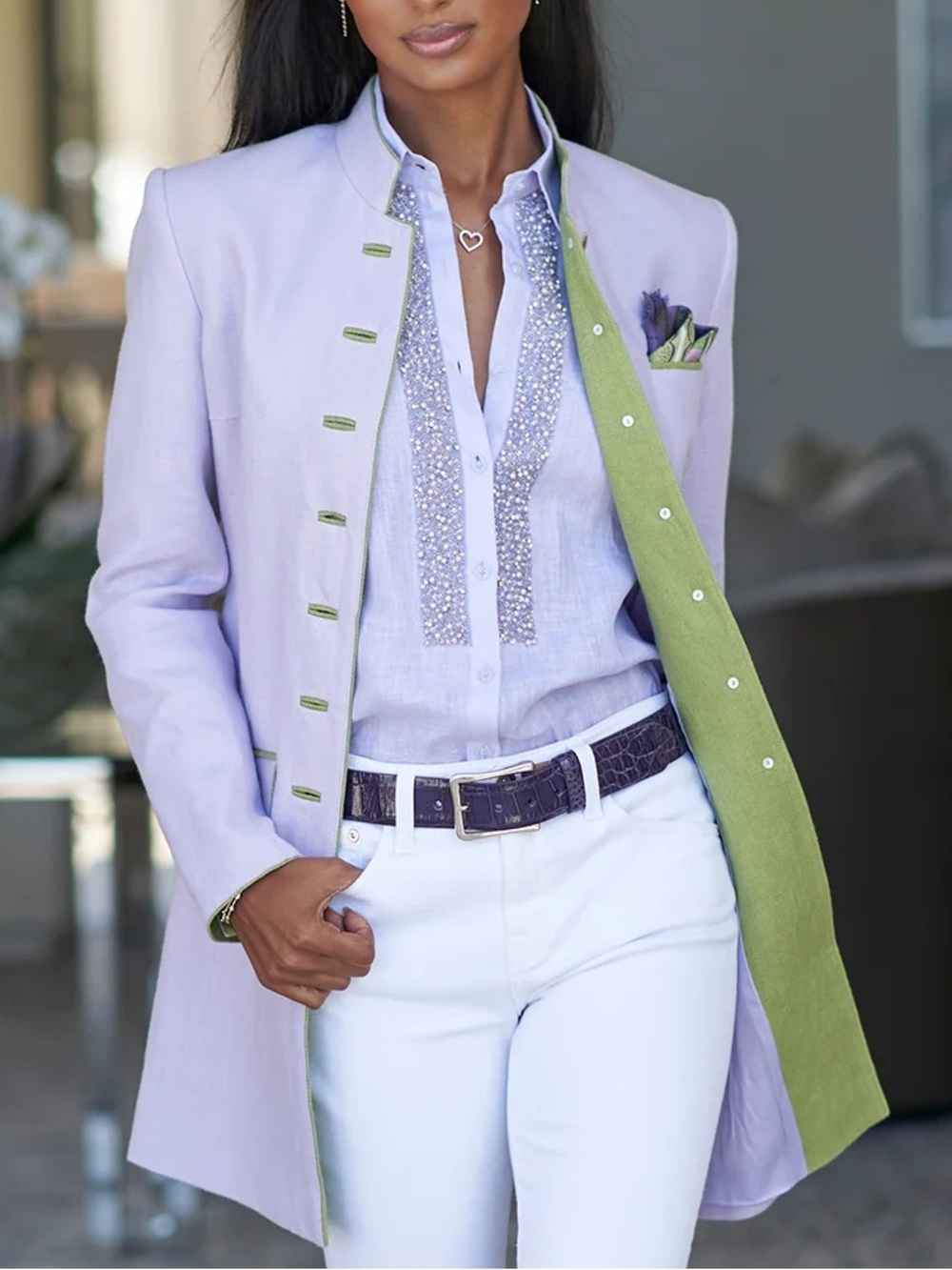 Gorsuch Susanne Spatt Gehrock Hanna Lilac Linen Coat with Green Trim Size 10